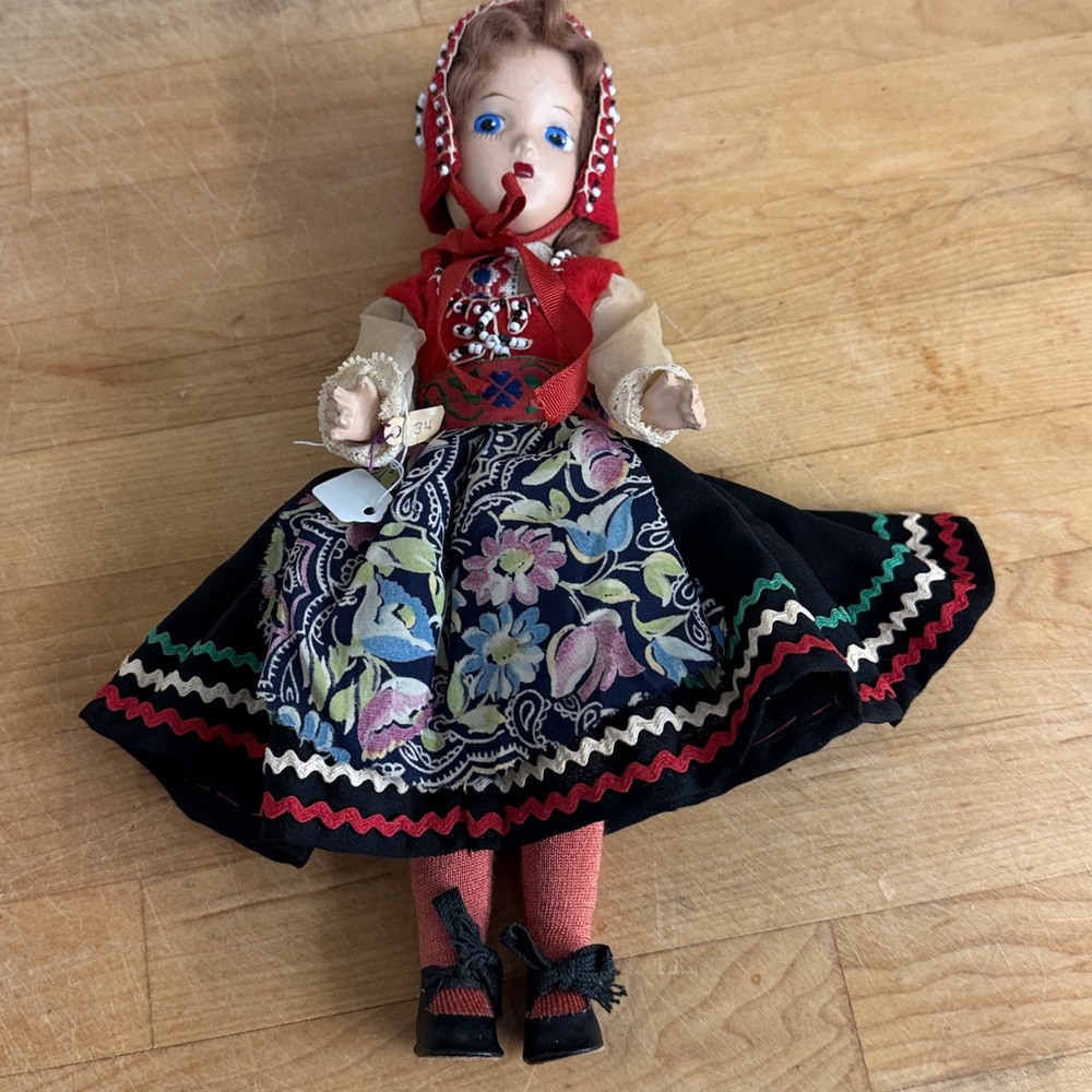 Vintage Folk Doll beautiful detail stitching, beadwork painted face